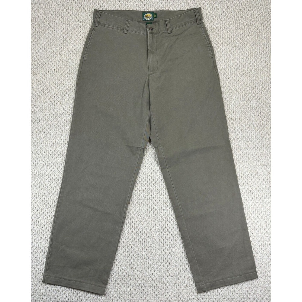 Cabelas Chino Pants Mens 36 Reg Dark Khaki Plain Front Huntsman Twill Relax Fit